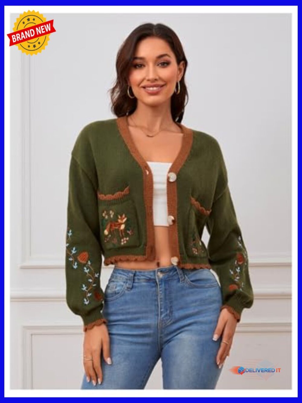 Floral Cropped Cardigan Embroidered Open Front Boho Western Fall Outwear - Picture 5 of 7